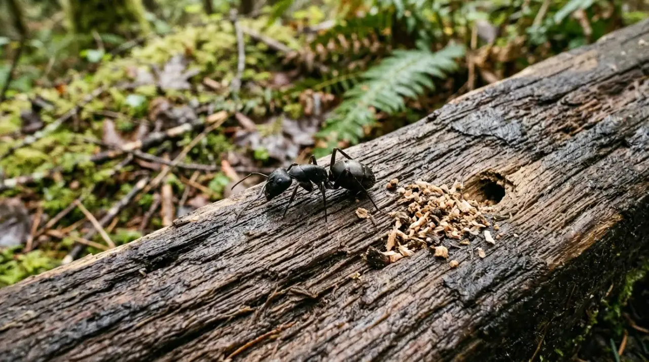 A large black carpenter ant on damp weathered wood trim with a small pile of frass beside it