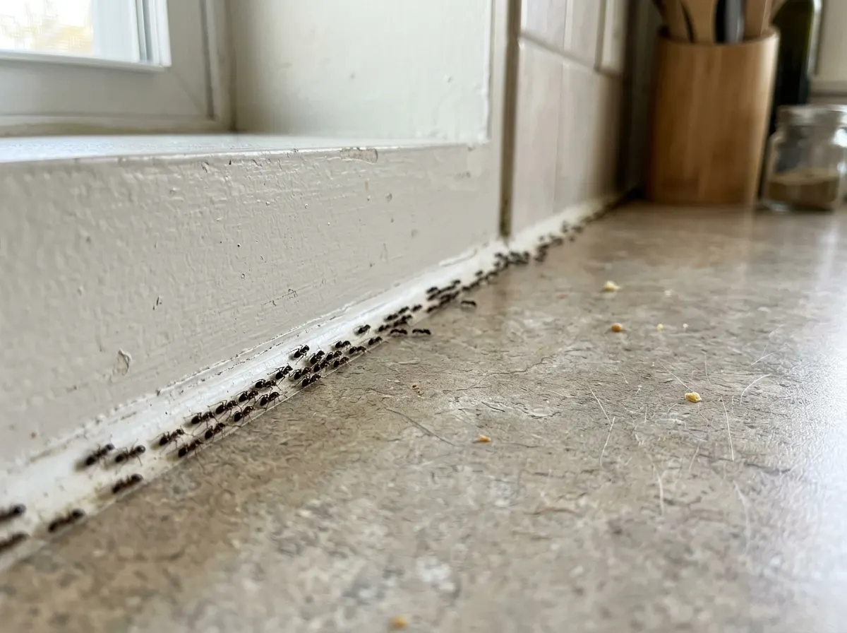 A trail of small ants following the caulk line where a kitchen counter meets the wall