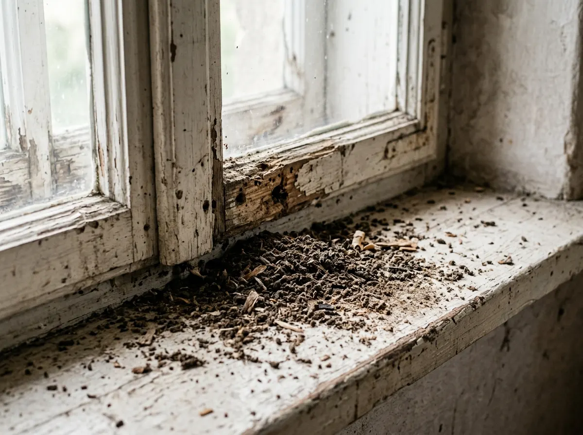 Coarse sawdust-like frass fallen onto a windowsill below a painted wooden frame