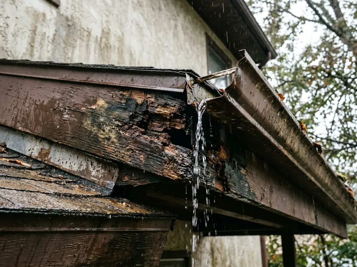 A rotten section of fascia board behind a leaking gutter joint