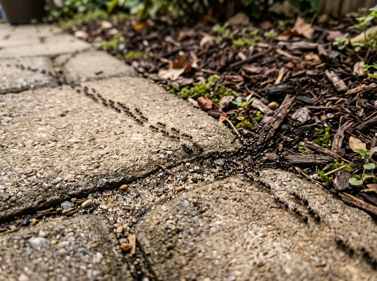A line of ants crossing a paver patio joint toward a mulch bed