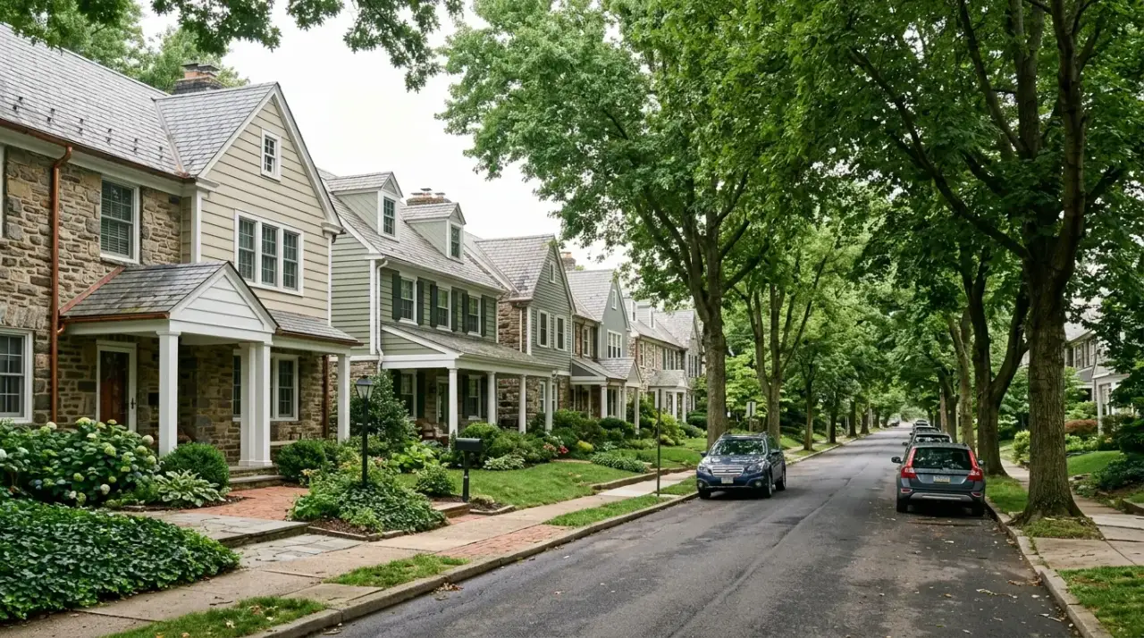 Stone and clapboard twin homes on a tree-lined street in Ardmore, Montgomery County, PA
