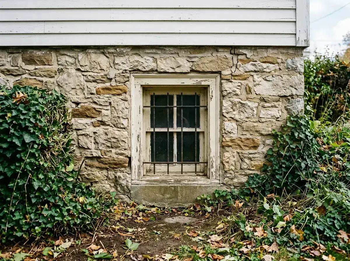 Fieldstone foundation and basement window of an older Ardmore home