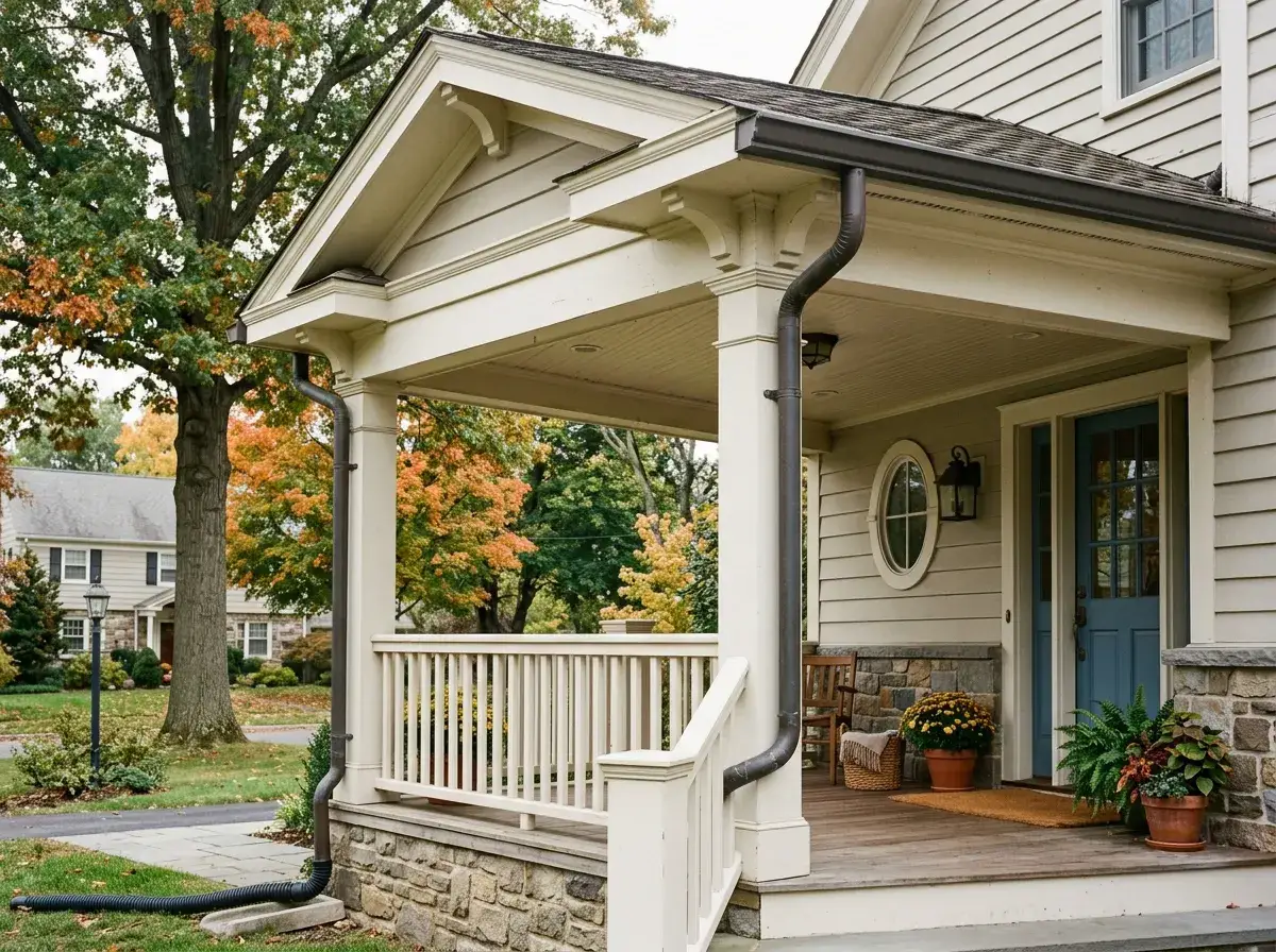 Covered porch and painted wooden eaves on a Ardmore home
