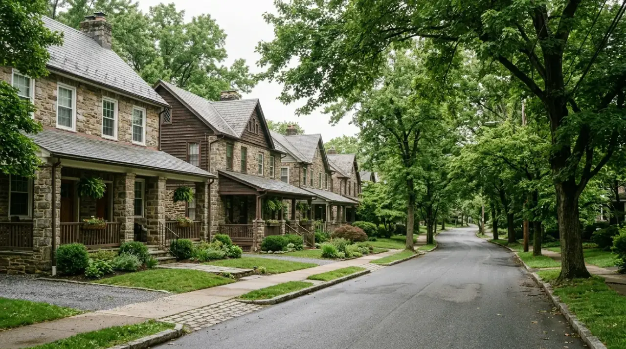 Stone and clapboard twin homes on a tree-lined street in Berwyn, Chester County, PA