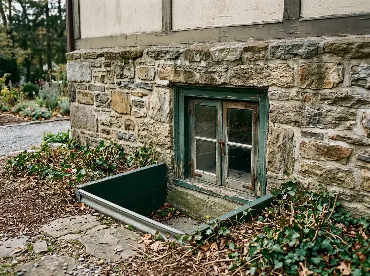 Fieldstone foundation and basement window of an older Berwyn home