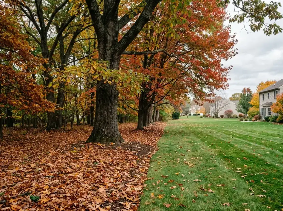 Mature trees and leaf litter along a Berwyn property line