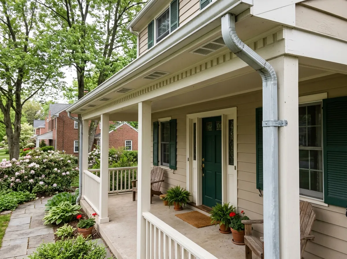 Covered porch and painted wooden eaves on a Berwyn home