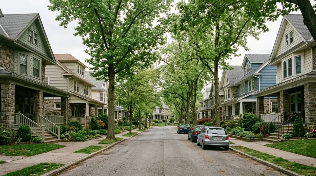 Stone and clapboard twin homes on a tree-lined street in Glen Mills, Delaware County, PA