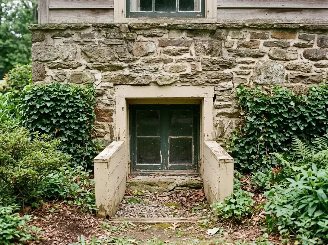 Fieldstone foundation and basement window of an older Glen Mills home