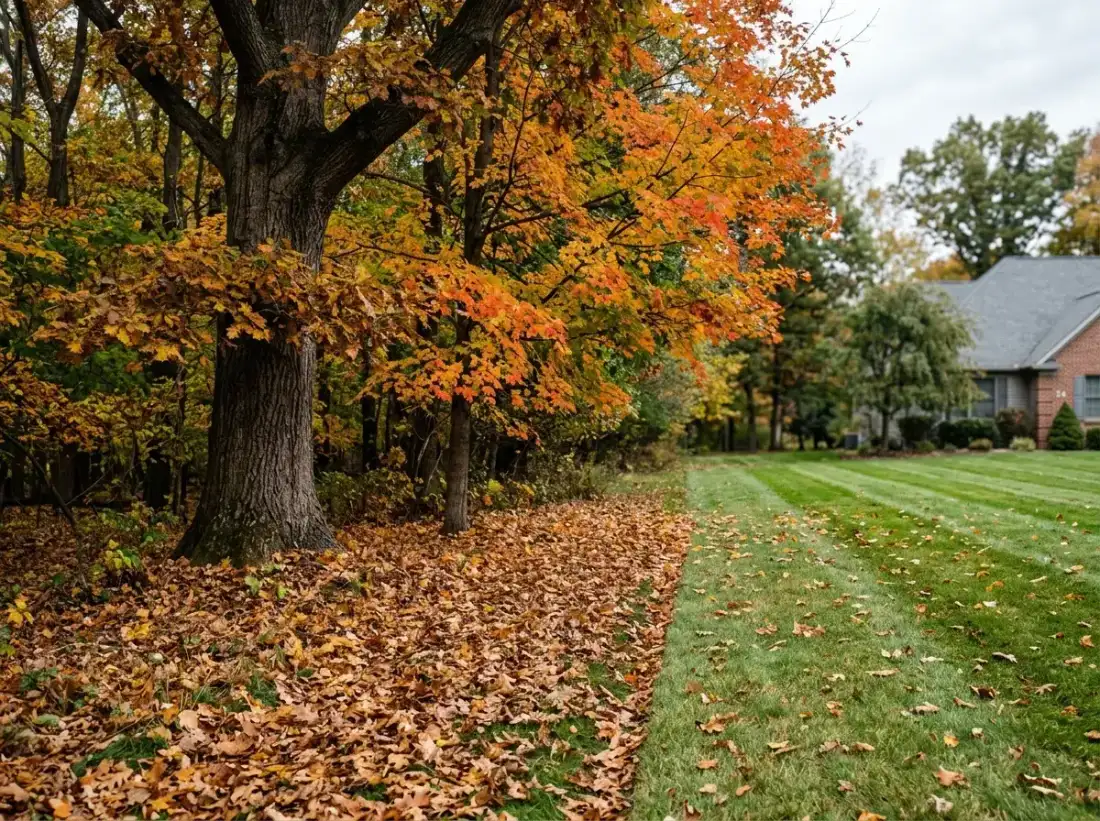 Mature trees and leaf litter along a Glen Mills property line