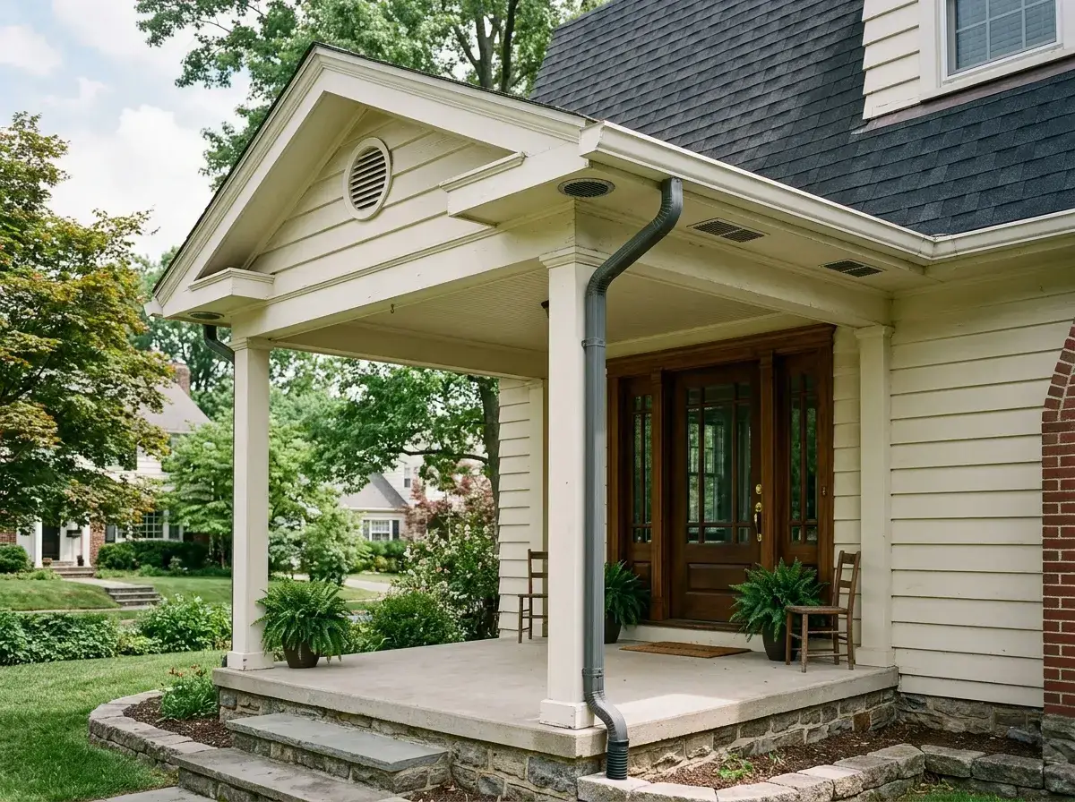Covered porch and painted wooden eaves on a Glen Mills home