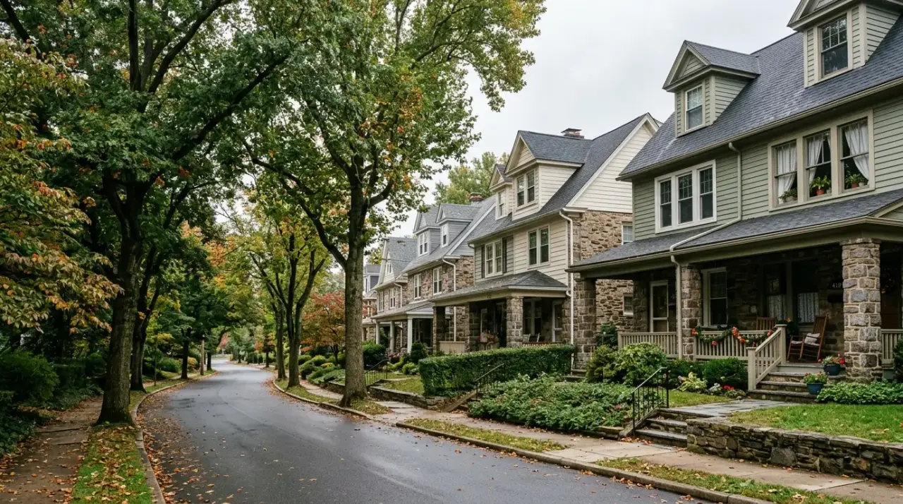 Stone and clapboard twin homes on a tree-lined street in Horsham, Montgomery County, PA