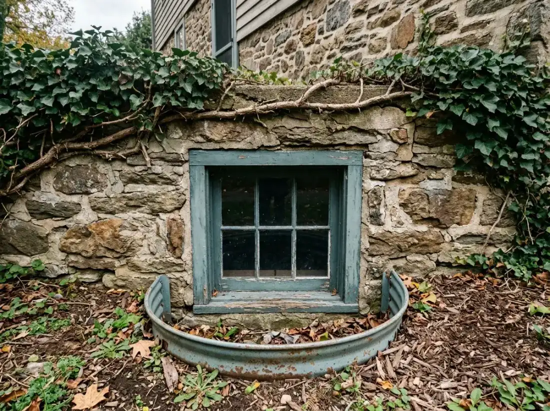 Fieldstone foundation and basement window of an older Horsham home