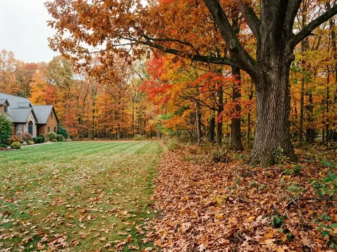 Mature trees and leaf litter along a Horsham property line