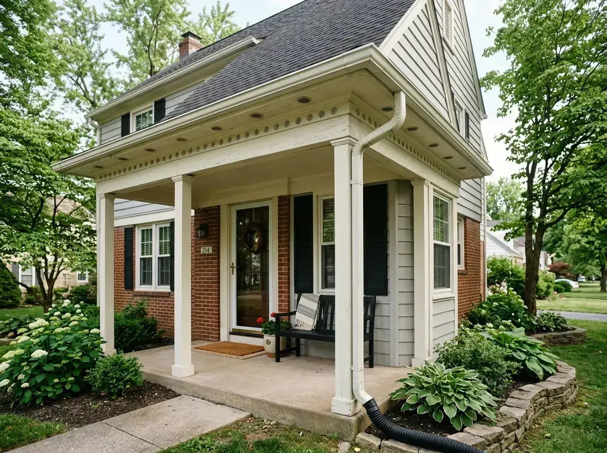Covered porch and painted wooden eaves on a Horsham home