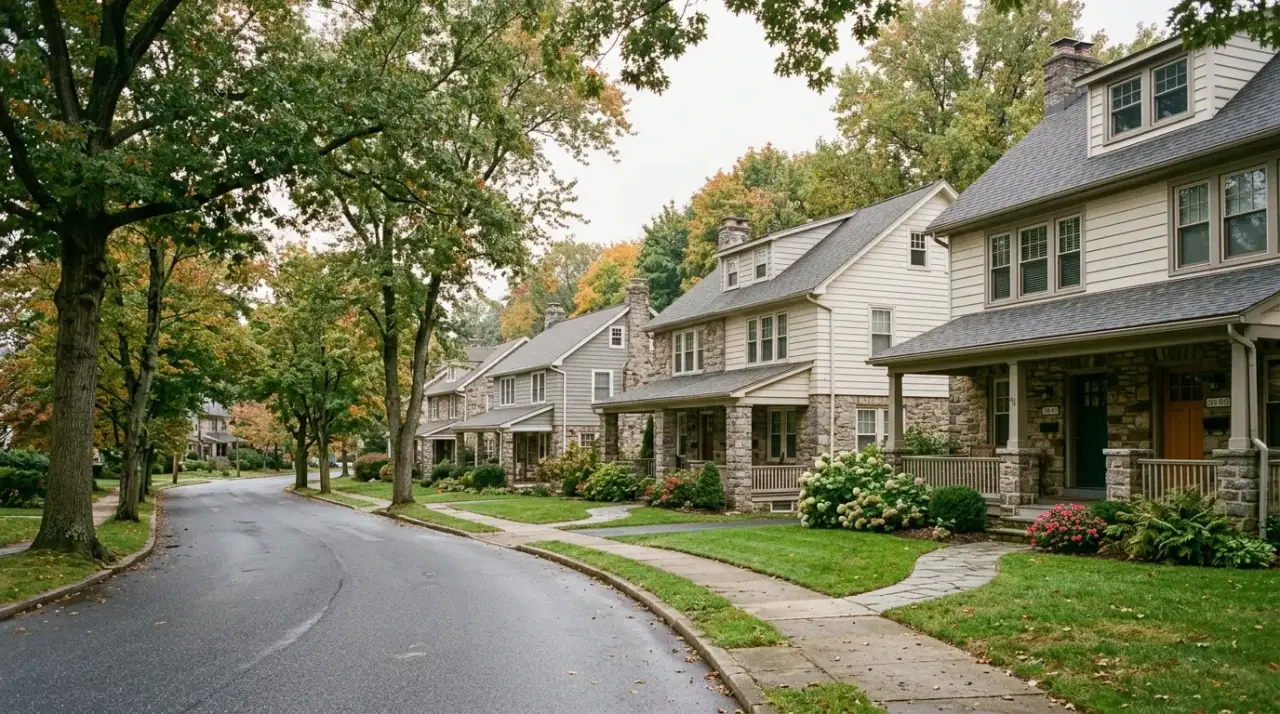 Stone and clapboard twin homes on a tree-lined street in Malvern, Chester County, PA