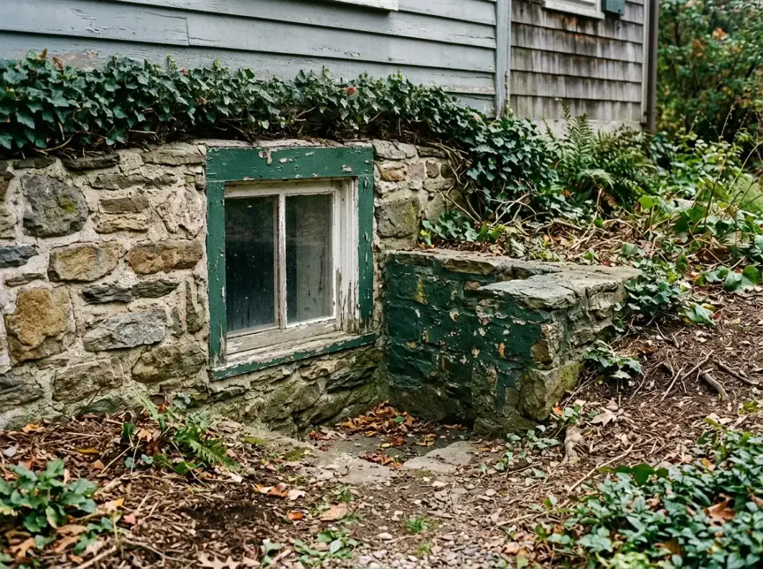 Fieldstone foundation and basement window of an older Malvern home