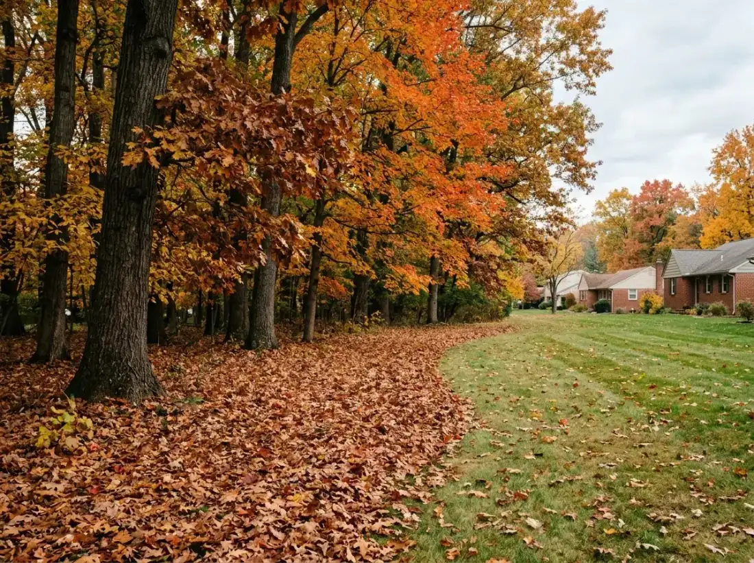 Mature trees and leaf litter along a Malvern property line