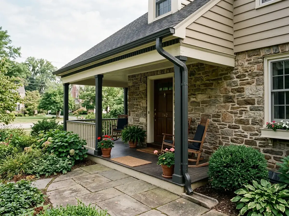 Covered porch and painted wooden eaves on a Malvern home