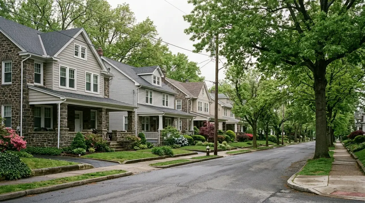 Stone and clapboard twin homes on a tree-lined street in Media, Delaware County, PA