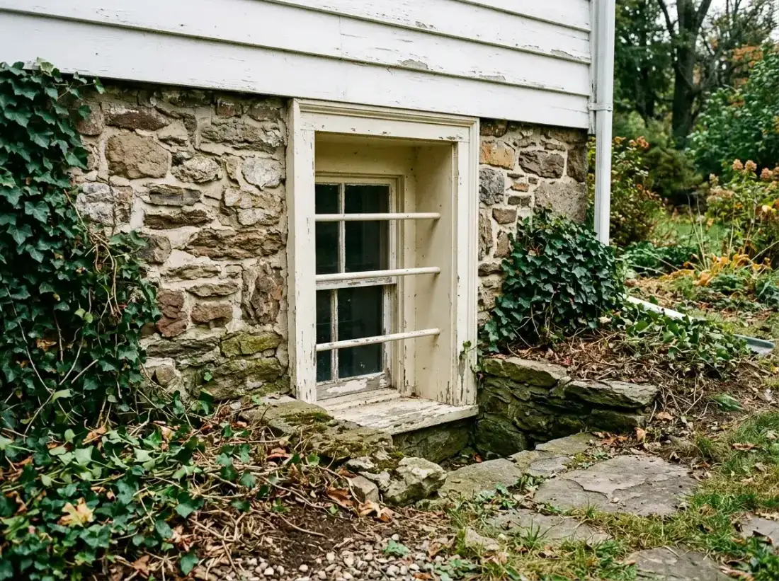 Fieldstone foundation and basement window of an older Media home