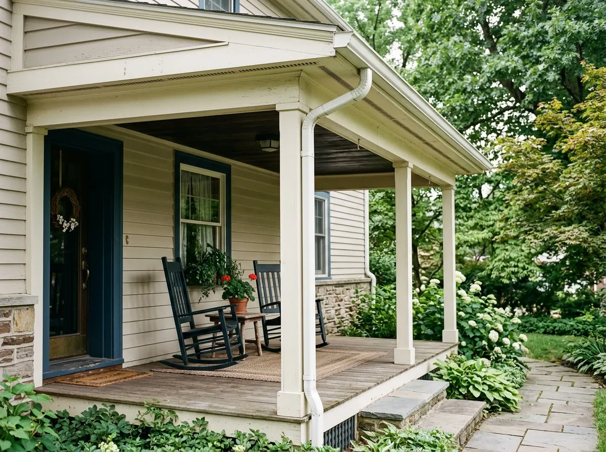 Covered porch and painted wooden eaves on a Media home