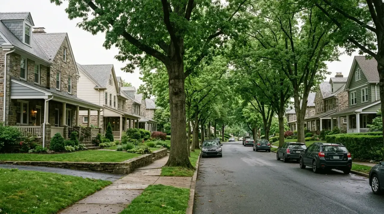 Stone and clapboard twin homes on a tree-lined street in Newtown Square, Delaware County, PA