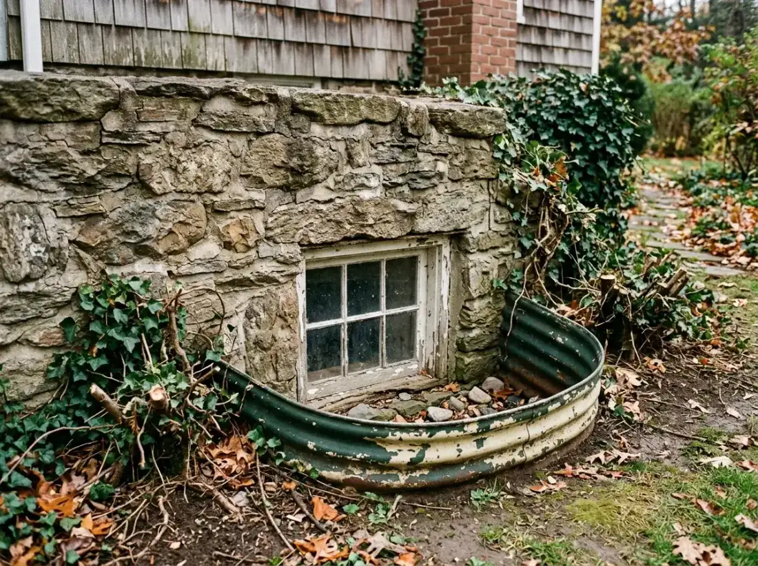 Fieldstone foundation and basement window of an older Newtown Square home
