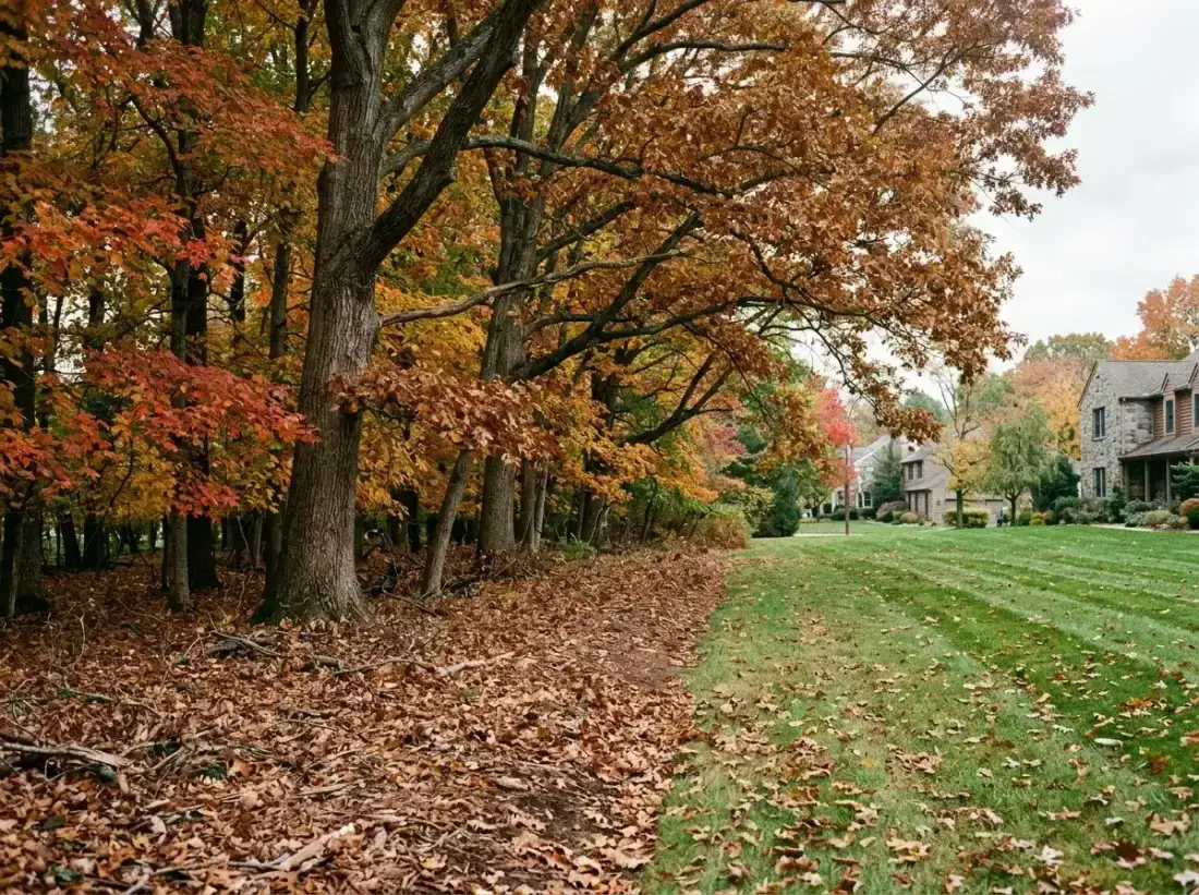 Mature trees and leaf litter along a Newtown Square property line