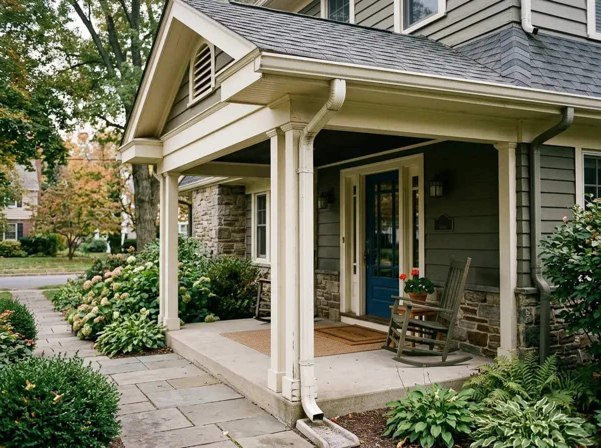 Covered porch and painted wooden eaves on a Newtown Square home