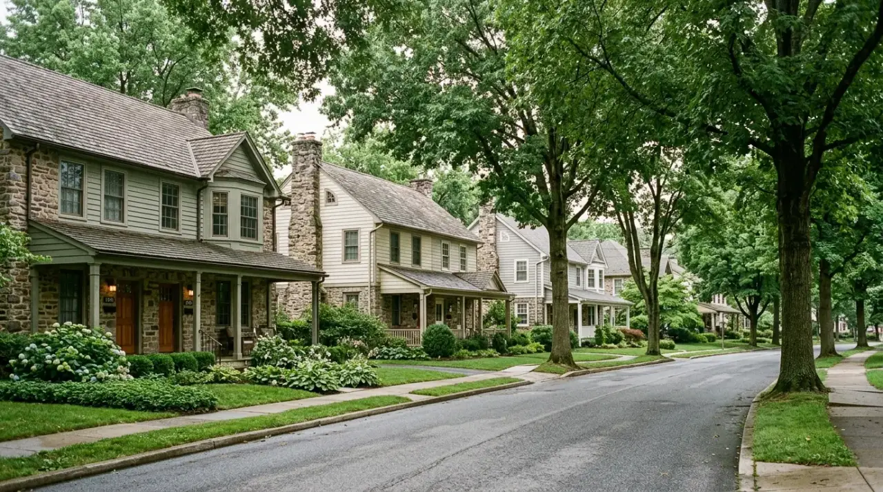 Stone and clapboard twin homes on a tree-lined street in Paoli, Chester County, PA