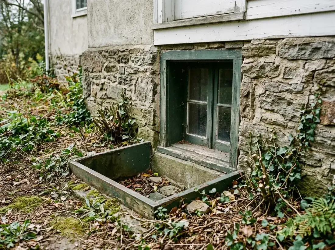 Fieldstone foundation and basement window of an older Paoli home
