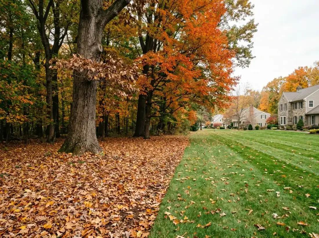 Mature trees and leaf litter along a Paoli property line