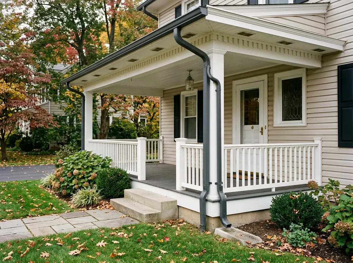 Covered porch and painted wooden eaves on a Paoli home