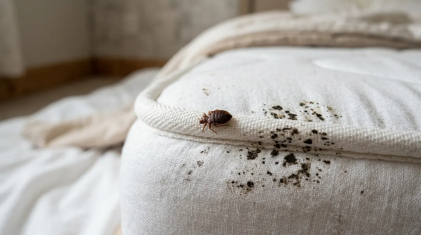 A single adult bed bug on the piped seam of a white mattress with dark fecal spotting beside it