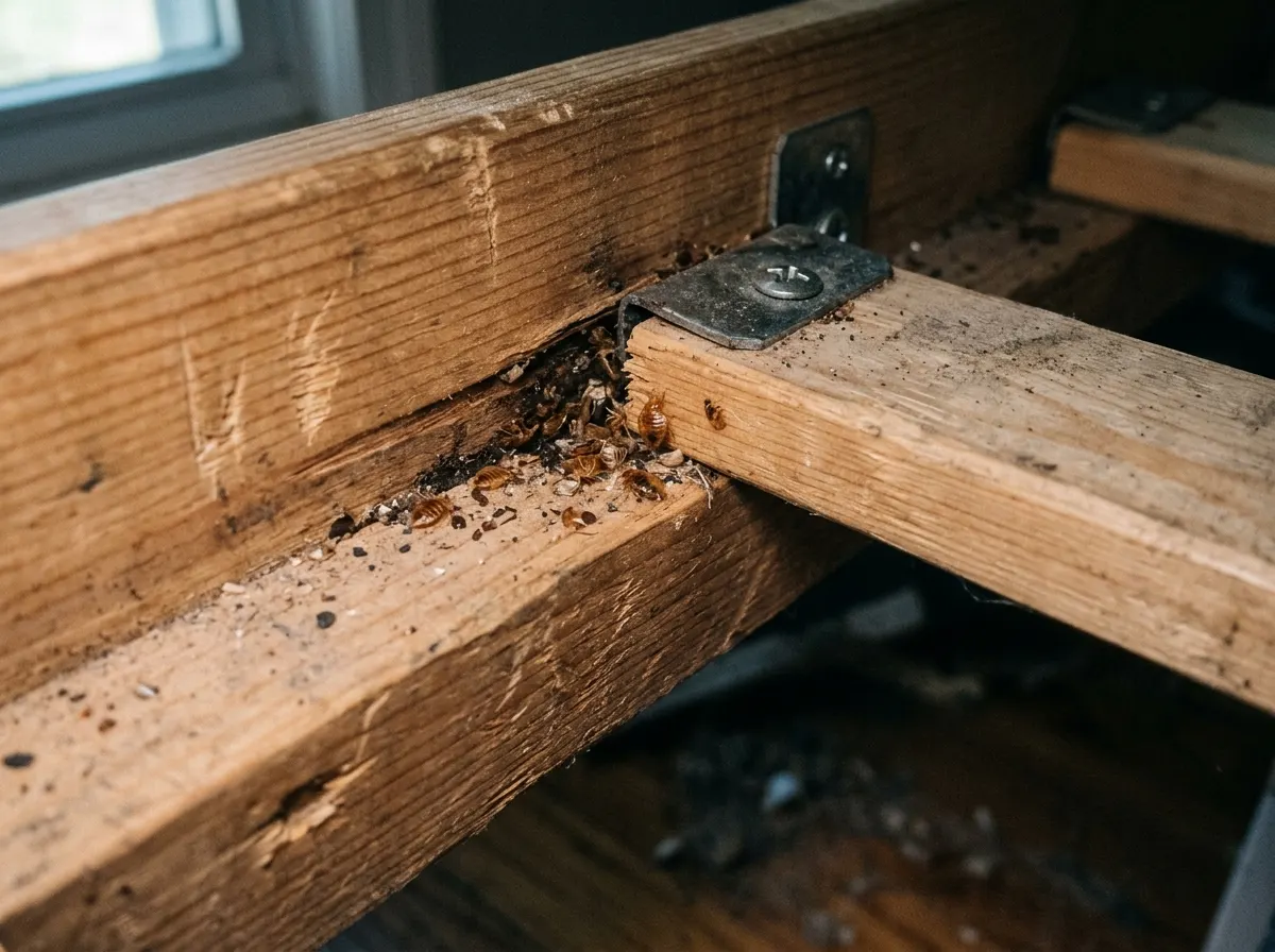 The underside of a wooden bed slat where it meets the frame, showing shed exoskeletons in the joint