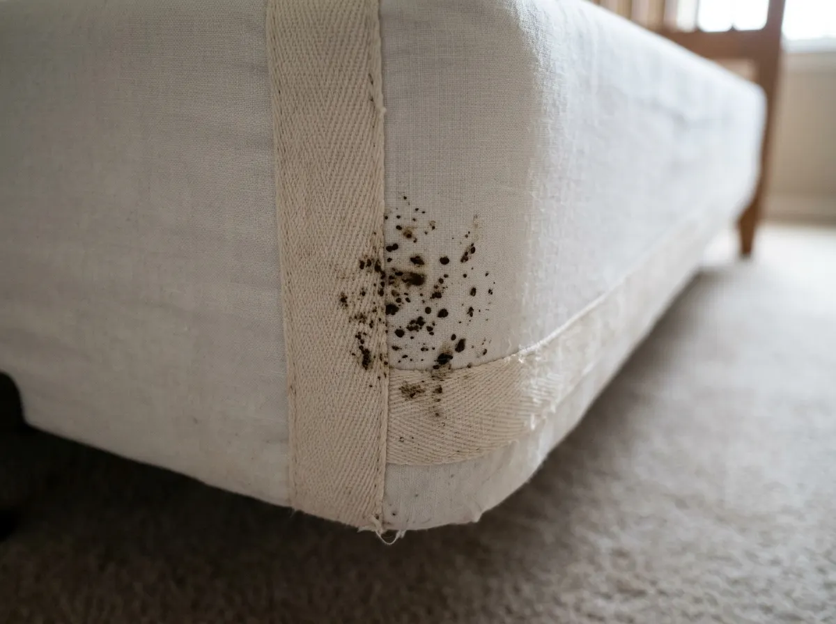 A cluster of dark fecal spots on the pale seam tape of a box spring corner