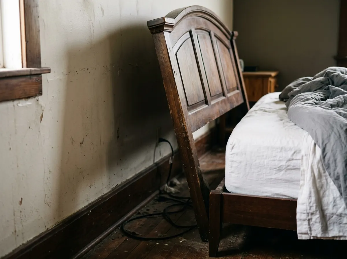 A headboard lifted slightly away from a bedroom wall showing the gap behind it