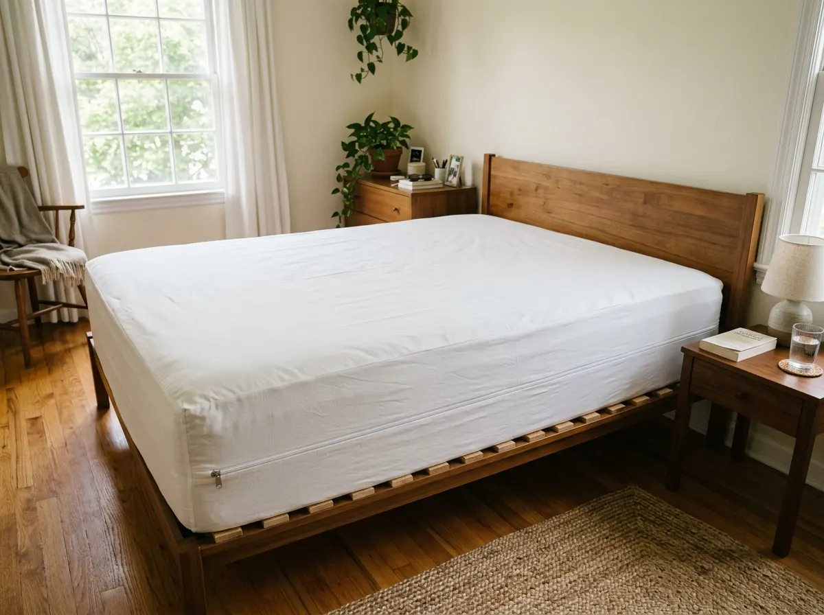 A mattress encasement zipper closed on a stripped bed in a bright bedroom