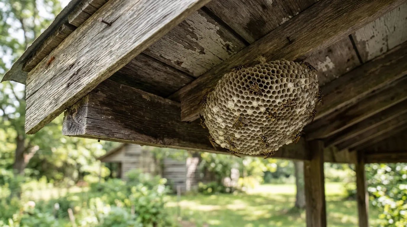 A paper wasp nest under the eave of a wooden porch roof