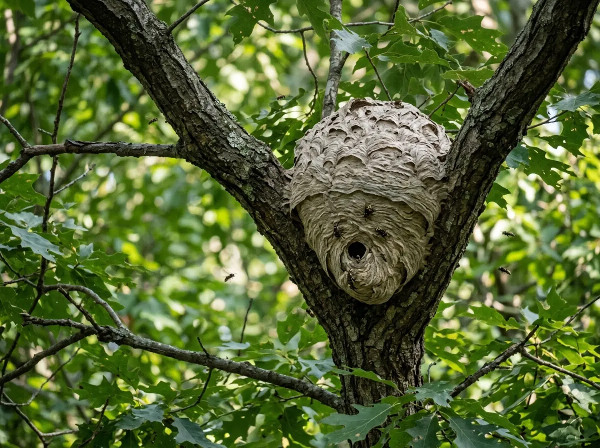 A bald-faced hornet nest in the fork of a deciduous branch in late summer
