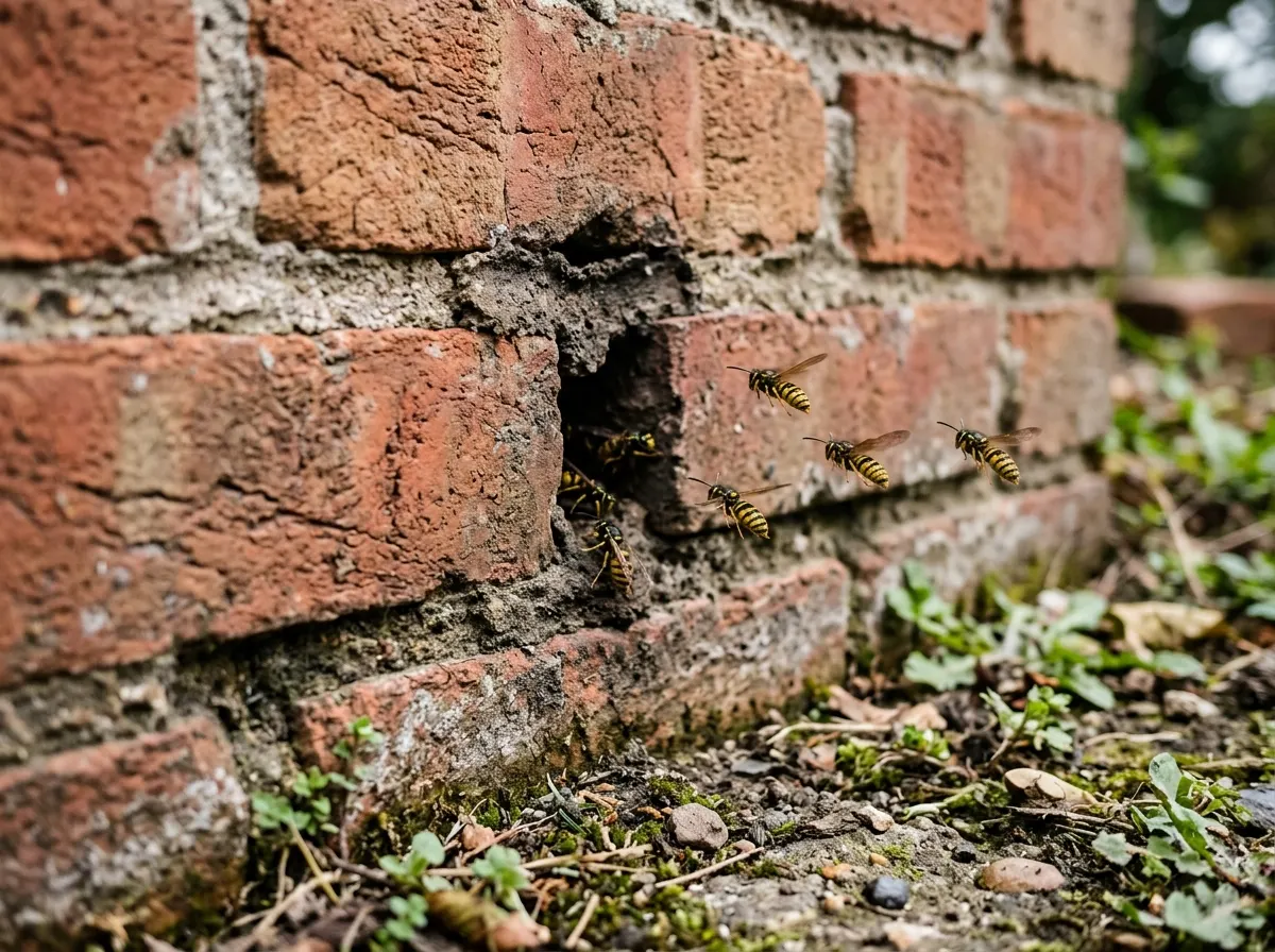 Yellowjackets entering a gap in the mortar of a brick wall near ground level