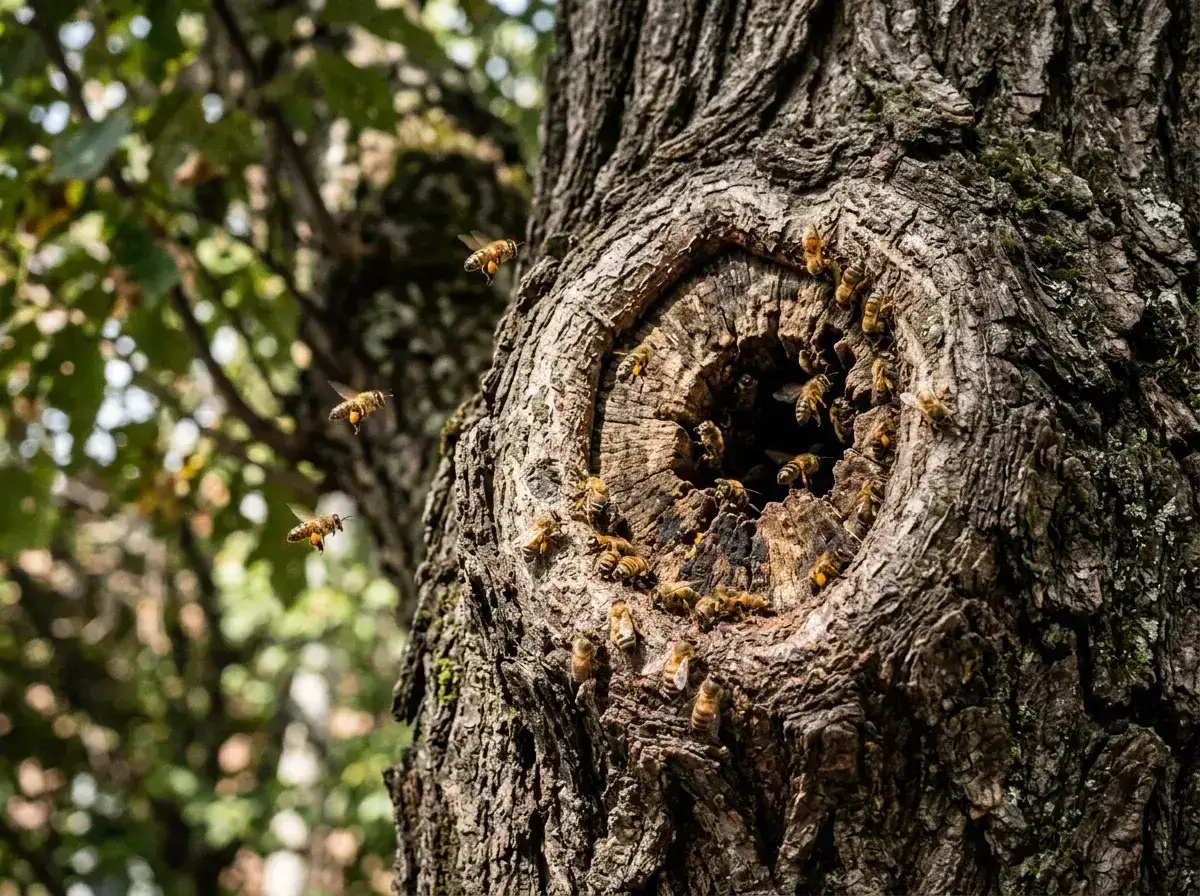 Honeybees at a knothole in the trunk of a mature street tree