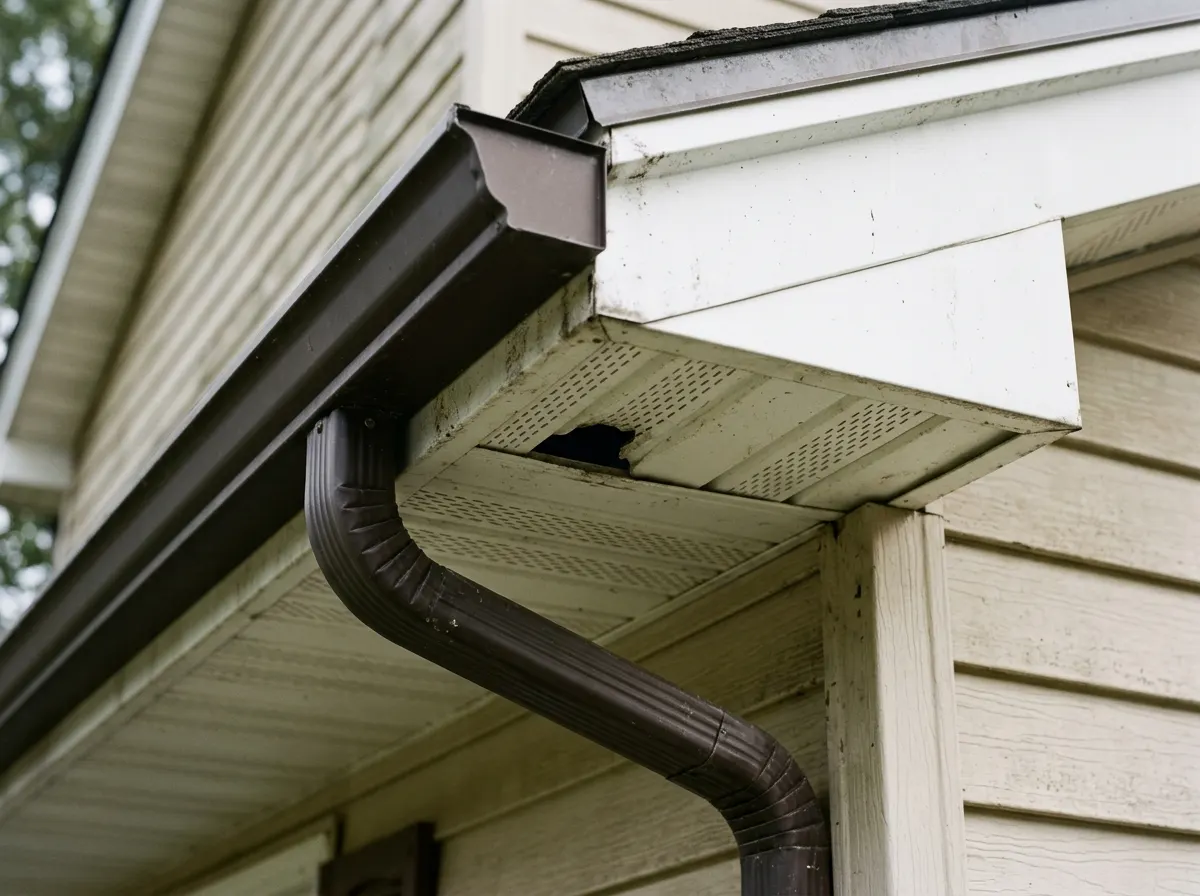 A soffit corner with a small entry gap under a gutter return