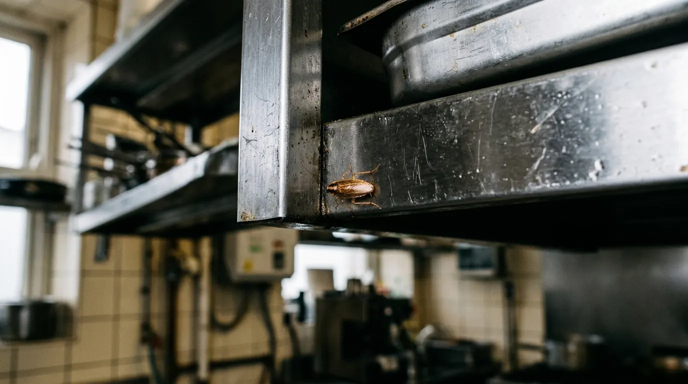 A German cockroach on the underside of a stainless steel kitchen shelf edge