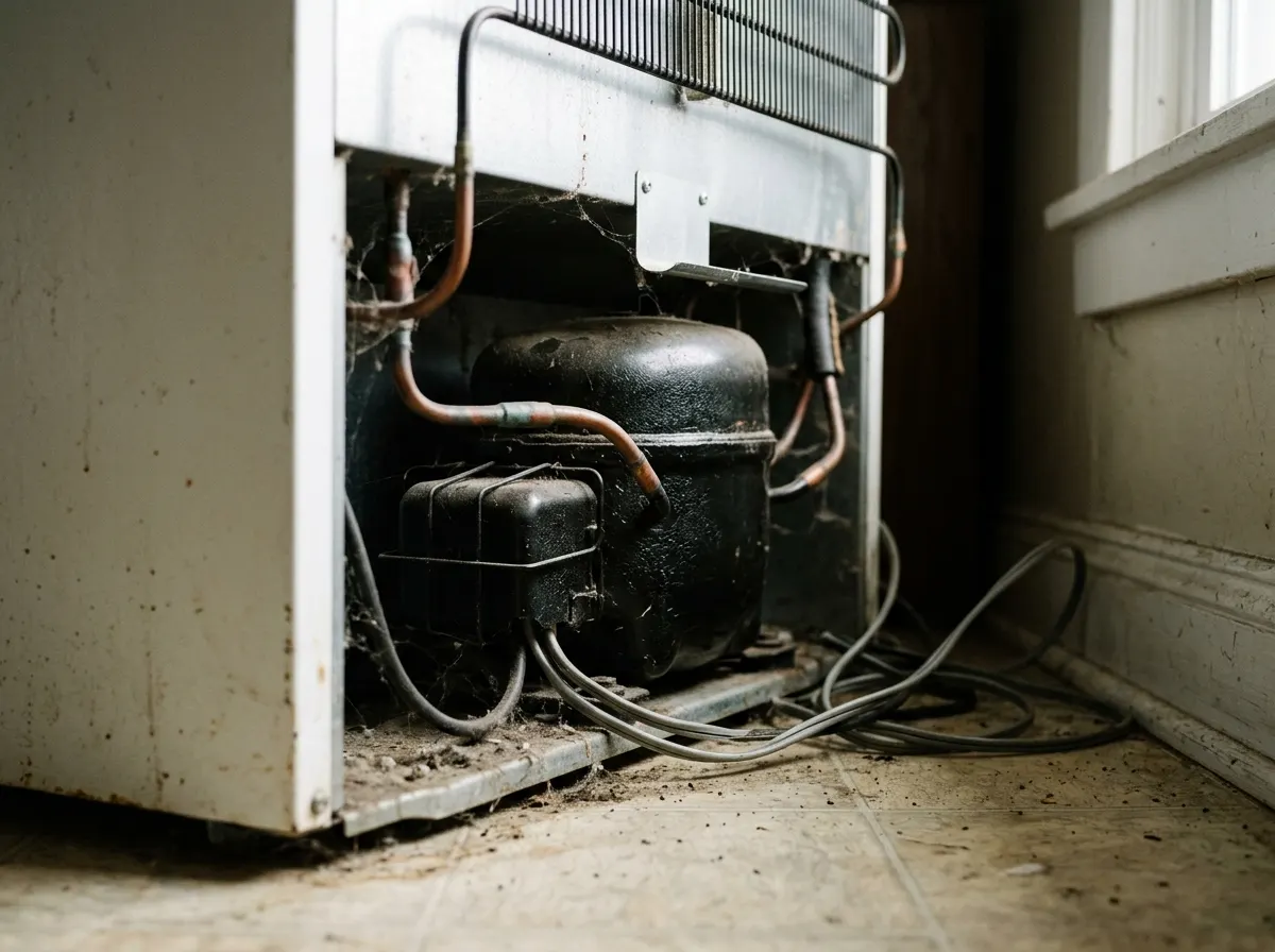 The warm gap behind a refrigerator compressor housing seen from floor level