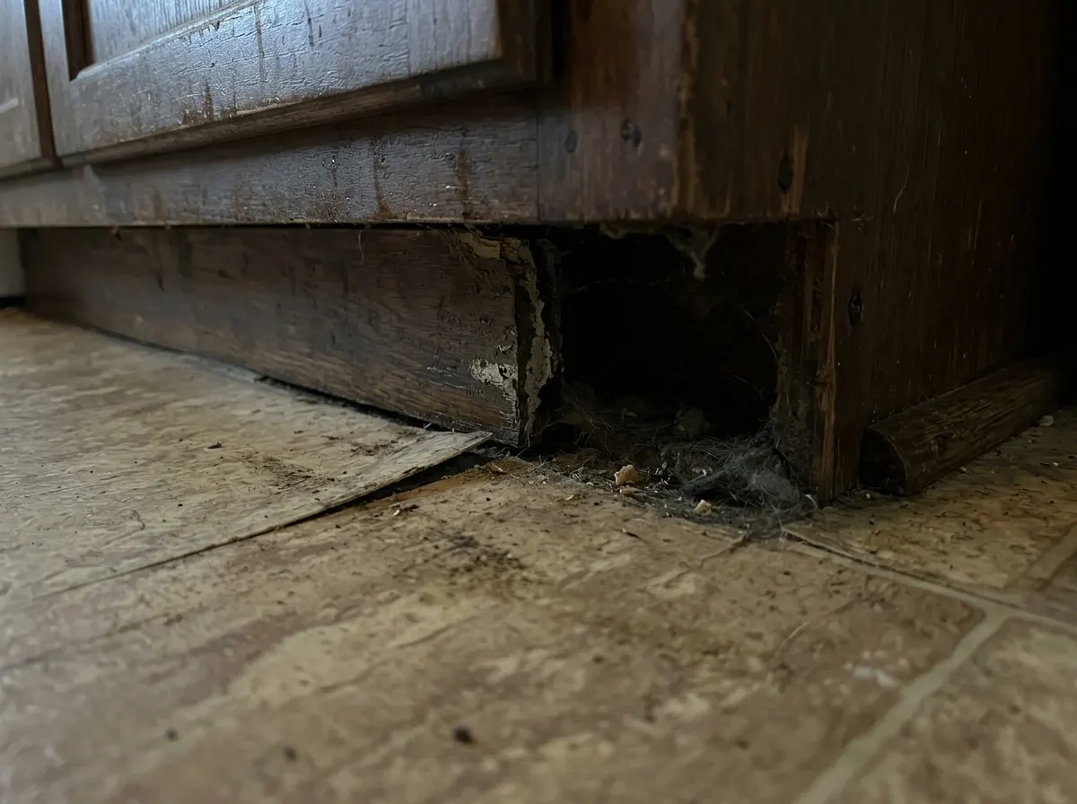 A dark harbourage crack where a kitchen cabinet meets the floor kick plate