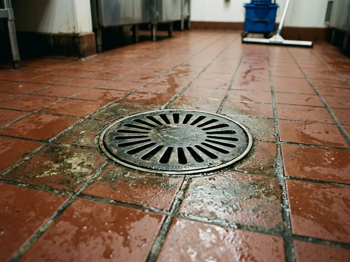 A floor drain grate in a tiled commercial kitchen floor