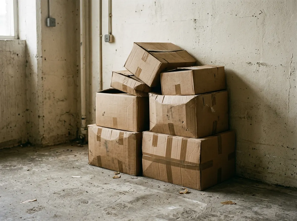 A stack of corrugated boxes on a stockroom floor against a wall
